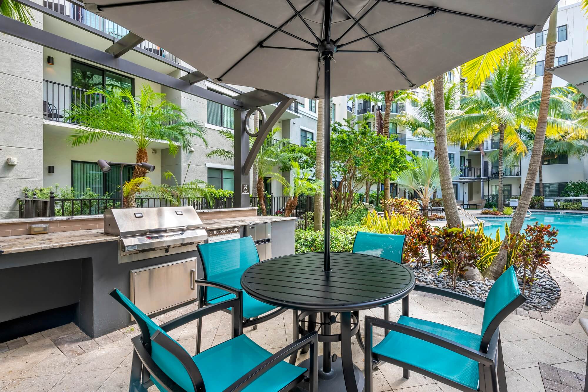 Outdoor grilling station next to the pool